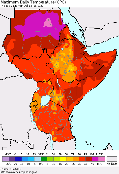 Eastern Africa Extreme Maximum Temperature (CPC) Thematic Map For 10/12/2020 - 10/18/2020