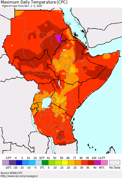 Eastern Africa Maximum Daily Temperature (CPC) Thematic Map For 11/2/2020 - 11/8/2020