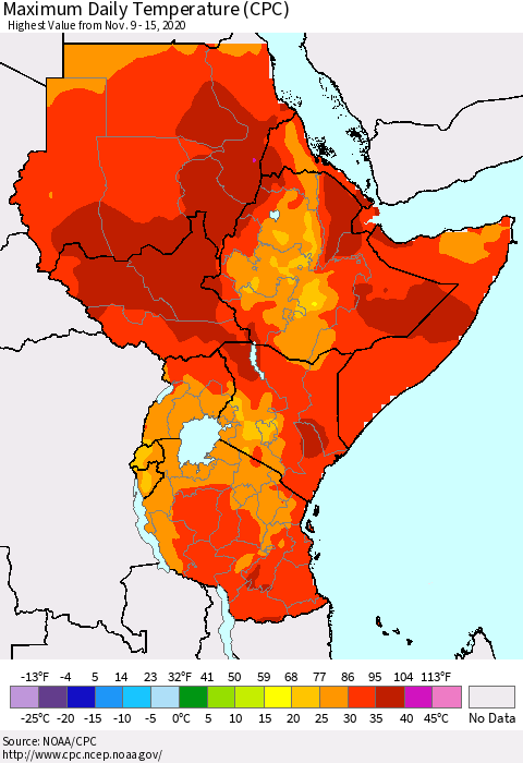 Eastern Africa Maximum Daily Temperature (CPC) Thematic Map For 11/9/2020 - 11/15/2020