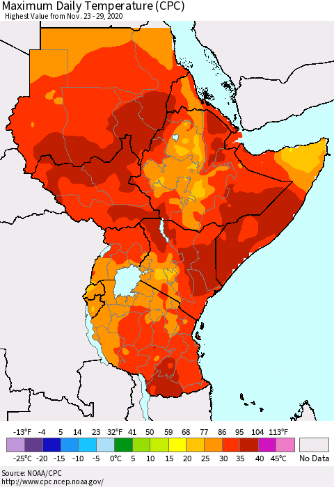 Eastern Africa Maximum Daily Temperature (CPC) Thematic Map For 11/23/2020 - 11/29/2020