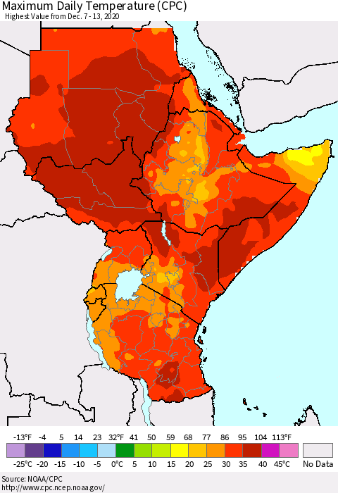 Eastern Africa Maximum Daily Temperature (CPC) Thematic Map For 12/7/2020 - 12/13/2020