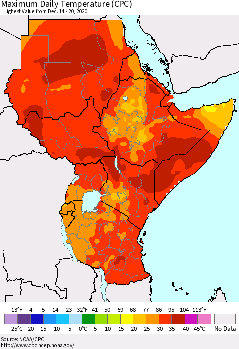 Eastern Africa Extreme Maximum Temperature (CPC) Thematic Map For 12/14/2020 - 12/20/2020