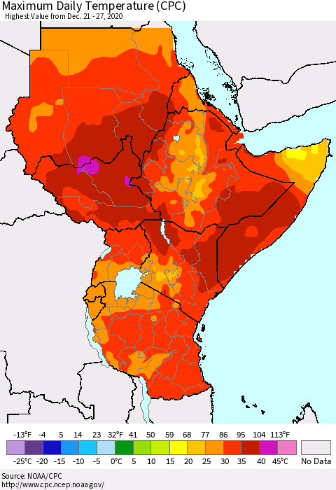 Eastern Africa Maximum Daily Temperature (CPC) Thematic Map For 12/21/2020 - 12/27/2020