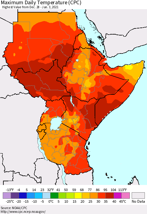 Eastern Africa Extreme Maximum Temperature (CPC) Thematic Map For 12/28/2020 - 1/3/2021
