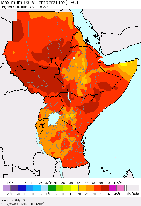 Eastern Africa Extreme Maximum Temperature (CPC) Thematic Map For 1/4/2021 - 1/10/2021