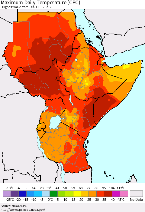 Eastern Africa Maximum Daily Temperature (CPC) Thematic Map For 1/11/2021 - 1/17/2021