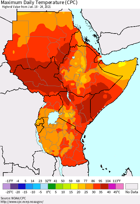 Eastern Africa Extreme Maximum Temperature (CPC) Thematic Map For 1/18/2021 - 1/24/2021