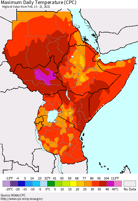 Eastern Africa Extreme Maximum Temperature (CPC) Thematic Map For 2/15/2021 - 2/21/2021