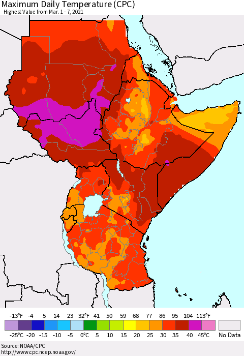 Eastern Africa Maximum Daily Temperature (CPC) Thematic Map For 3/1/2021 - 3/7/2021