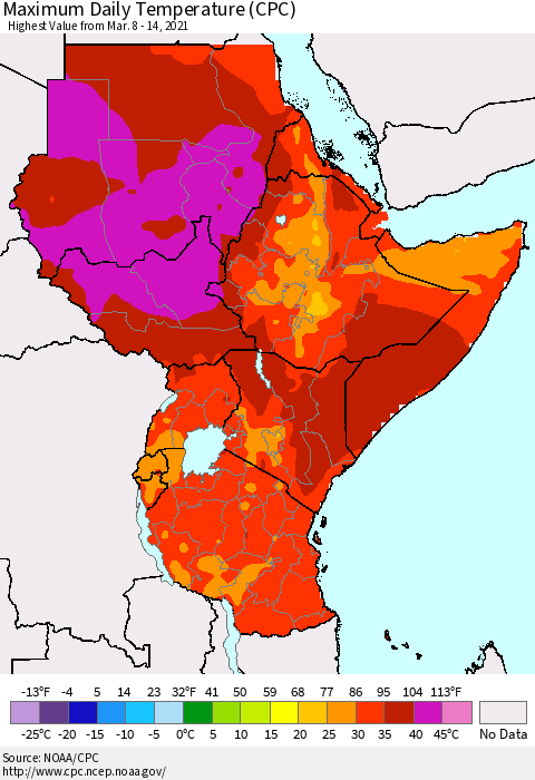 Eastern Africa Maximum Daily Temperature (CPC) Thematic Map For 3/8/2021 - 3/14/2021