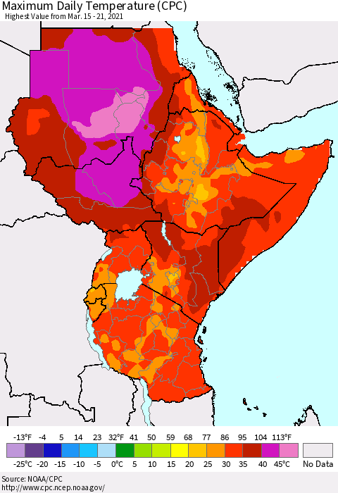 Eastern Africa Maximum Daily Temperature (CPC) Thematic Map For 3/15/2021 - 3/21/2021