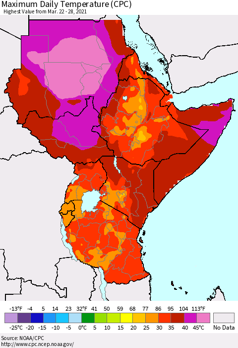 Eastern Africa Maximum Daily Temperature (CPC) Thematic Map For 3/22/2021 - 3/28/2021