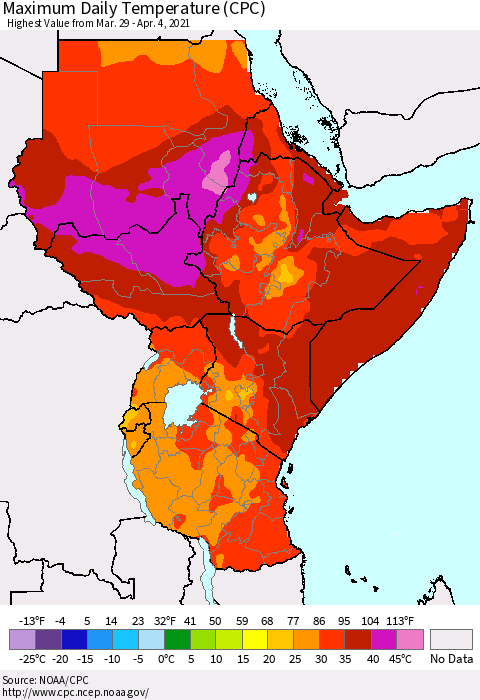 Eastern Africa Extreme Maximum Temperature (CPC) Thematic Map For 3/29/2021 - 4/4/2021