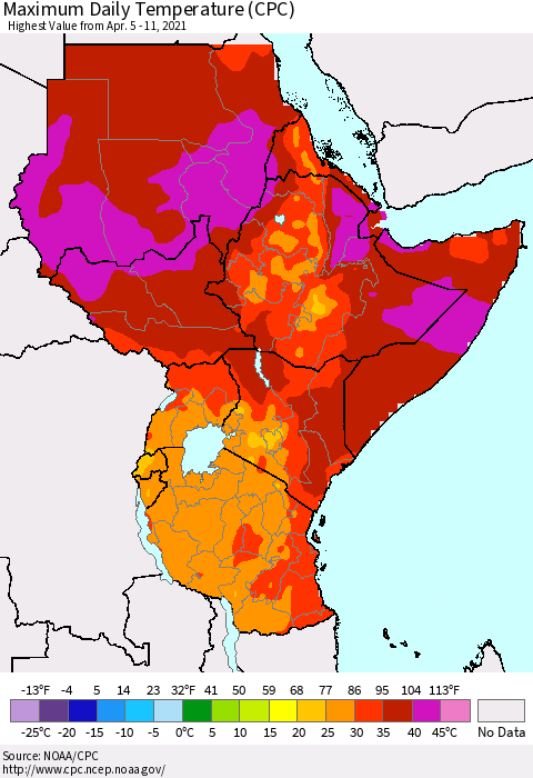 Eastern Africa Extreme Maximum Temperature (CPC) Thematic Map For 4/5/2021 - 4/11/2021