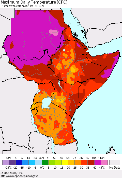 Eastern Africa Extreme Maximum Temperature (CPC) Thematic Map For 4/19/2021 - 4/25/2021