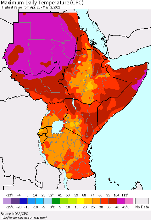 Eastern Africa Maximum Daily Temperature (CPC) Thematic Map For 4/26/2021 - 5/2/2021