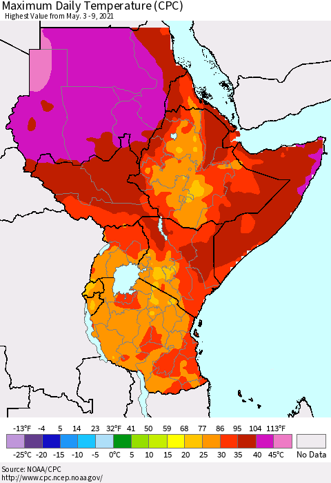 Eastern Africa Extreme Maximum Temperature (CPC) Thematic Map For 5/3/2021 - 5/9/2021