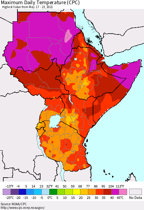 Eastern Africa Extreme Maximum Temperature (CPC) Thematic Map For 5/17/2021 - 5/23/2021
