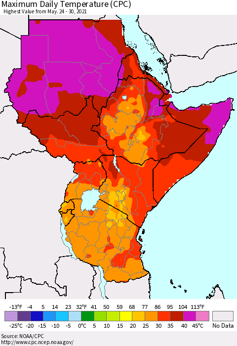 Eastern Africa Extreme Maximum Temperature (CPC) Thematic Map For 5/24/2021 - 5/30/2021