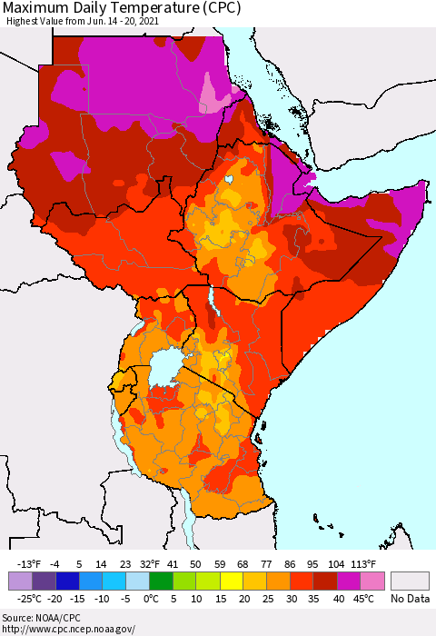 Eastern Africa Extreme Maximum Temperature (CPC) Thematic Map For 6/14/2021 - 6/20/2021