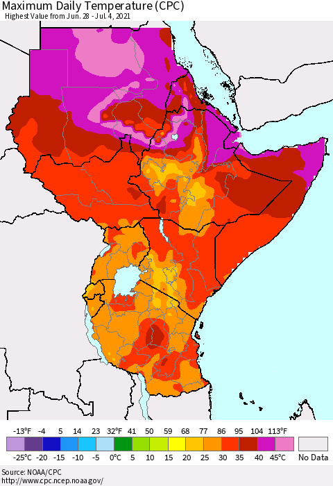 Eastern Africa Extreme Maximum Temperature (CPC) Thematic Map For 6/28/2021 - 7/4/2021