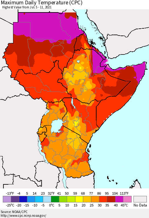 Eastern Africa Extreme Maximum Temperature (CPC) Thematic Map For 7/5/2021 - 7/11/2021