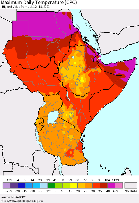 Eastern Africa Extreme Maximum Temperature (CPC) Thematic Map For 7/12/2021 - 7/18/2021