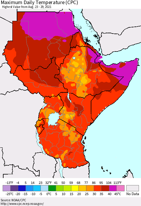 Eastern Africa Extreme Maximum Temperature (CPC) Thematic Map For 8/23/2021 - 8/29/2021