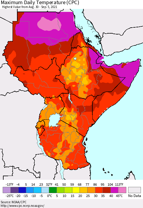 Eastern Africa Extreme Maximum Temperature (CPC) Thematic Map For 8/30/2021 - 9/5/2021