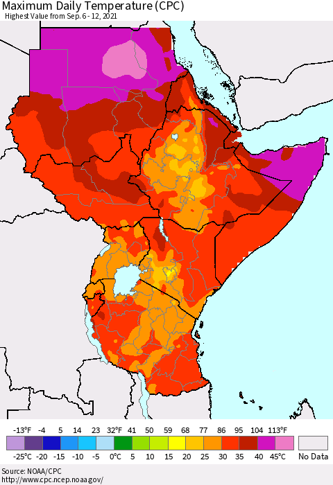 Eastern Africa Extreme Maximum Temperature (CPC) Thematic Map For 9/6/2021 - 9/12/2021