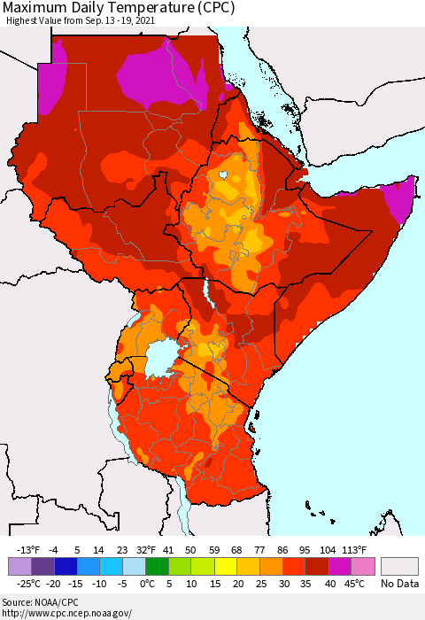 Eastern Africa Extreme Maximum Temperature (CPC) Thematic Map For 9/13/2021 - 9/19/2021