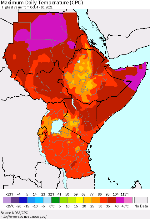 Eastern Africa Extreme Maximum Temperature (CPC) Thematic Map For 10/4/2021 - 10/10/2021