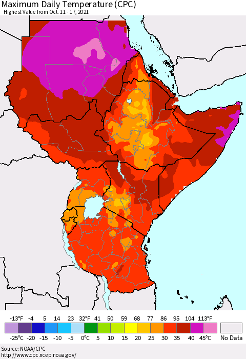 Eastern Africa Extreme Maximum Temperature (CPC) Thematic Map For 10/11/2021 - 10/17/2021