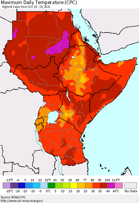 Eastern Africa Extreme Maximum Temperature (CPC) Thematic Map For 10/18/2021 - 10/24/2021