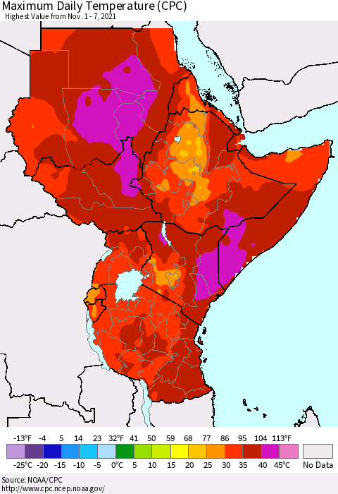 Eastern Africa Maximum Daily Temperature (CPC) Thematic Map For 11/1/2021 - 11/7/2021