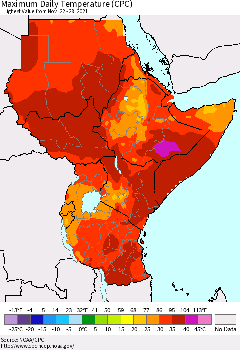 Eastern Africa Maximum Daily Temperature (CPC) Thematic Map For 11/22/2021 - 11/28/2021