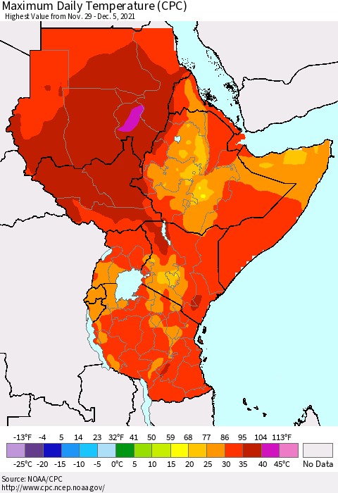 Eastern Africa Extreme Maximum Temperature (CPC) Thematic Map For 11/29/2021 - 12/5/2021