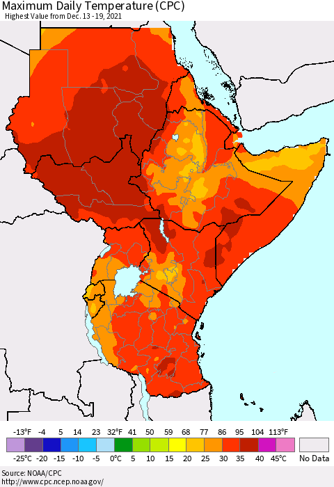 Eastern Africa Extreme Maximum Temperature (CPC) Thematic Map For 12/13/2021 - 12/19/2021