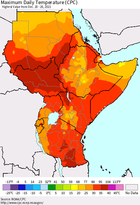 Eastern Africa Maximum Daily Temperature (CPC) Thematic Map For 12/20/2021 - 12/26/2021