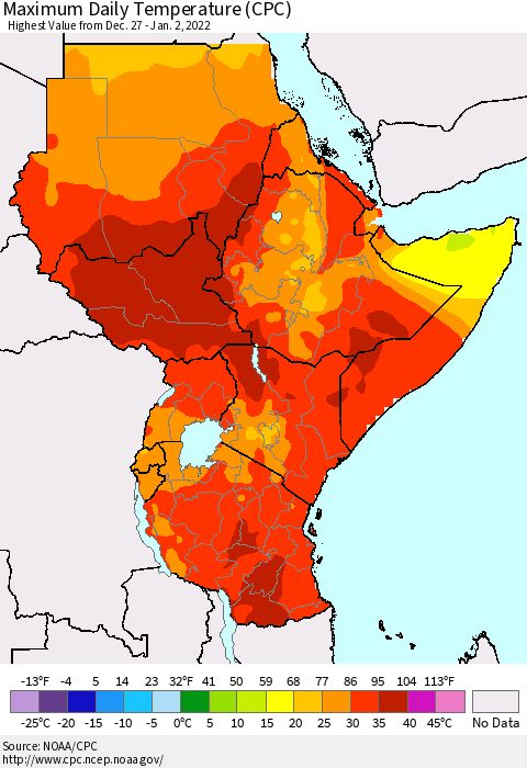 Eastern Africa Extreme Maximum Temperature (CPC) Thematic Map For 12/27/2021 - 1/2/2022