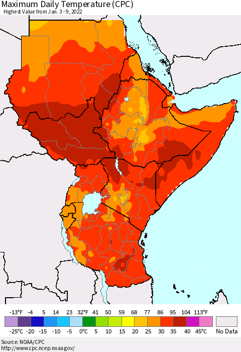 Eastern Africa Maximum Daily Temperature (CPC) Thematic Map For 1/3/2022 - 1/9/2022