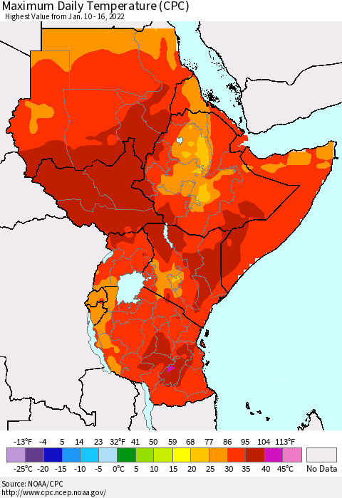 Eastern Africa Extreme Maximum Temperature (CPC) Thematic Map For 1/10/2022 - 1/16/2022