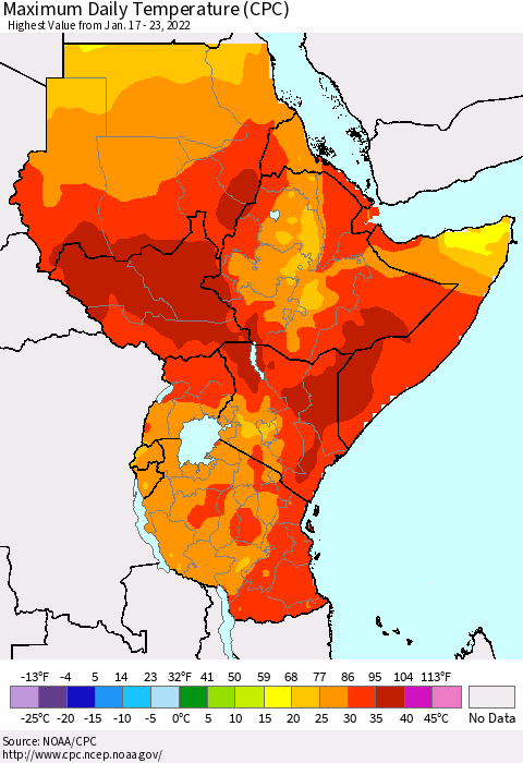 Eastern Africa Extreme Maximum Temperature (CPC) Thematic Map For 1/17/2022 - 1/23/2022