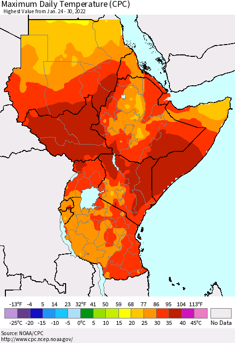 Eastern Africa Maximum Daily Temperature (CPC) Thematic Map For 1/24/2022 - 1/30/2022