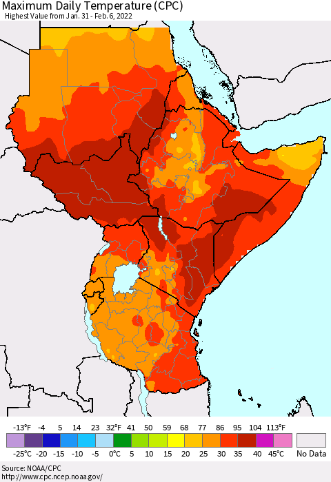 Eastern Africa Maximum Daily Temperature (CPC) Thematic Map For 1/31/2022 - 2/6/2022