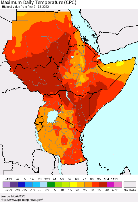 Eastern Africa Maximum Daily Temperature (CPC) Thematic Map For 2/7/2022 - 2/13/2022