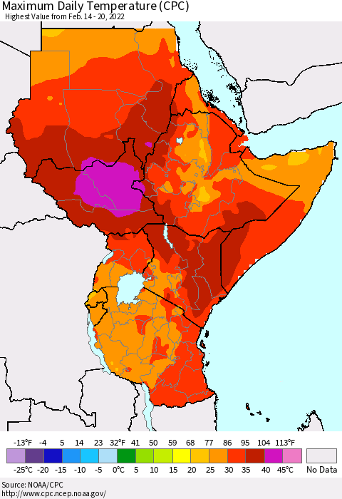 Eastern Africa Maximum Daily Temperature (CPC) Thematic Map For 2/14/2022 - 2/20/2022