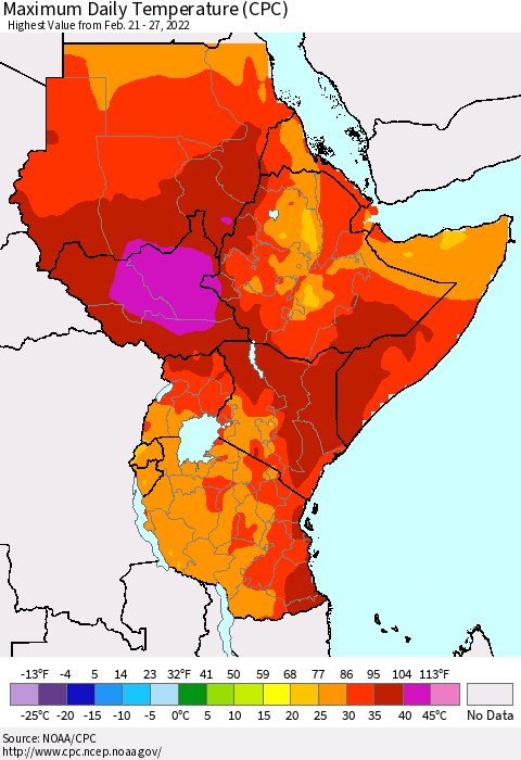 Eastern Africa Maximum Daily Temperature (CPC) Thematic Map For 2/21/2022 - 2/27/2022