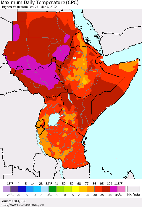 Eastern Africa Maximum Daily Temperature (CPC) Thematic Map For 2/28/2022 - 3/6/2022