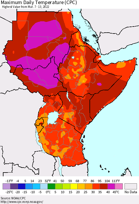 Eastern Africa Extreme Maximum Temperature (CPC) Thematic Map For 3/7/2022 - 3/13/2022